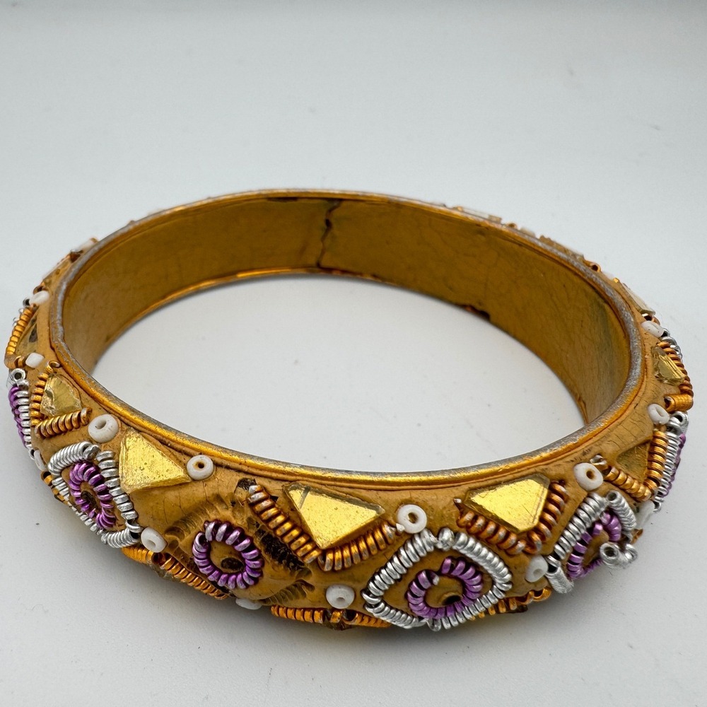 Vintage Boho Handcrafted Wire Wrap Bead Rhinestone Bangle Bracelet Gold Purple 8
